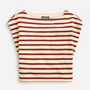 J. Crew Cream and Burgundy Striped Boatneck Muscle Tee with Pocket